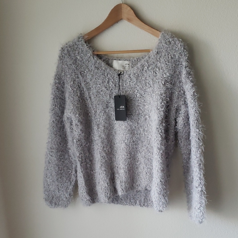J.O.A. Soft Gray High V-Neck Fuzzy Sweater Oversized Off Shoulder Sz XS NWT
